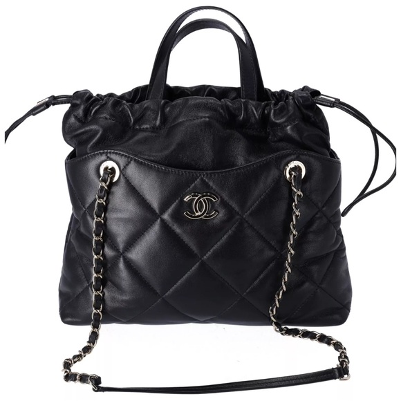Chanel Lambskin Quilted Small Drawstring Shopping Bag Black - Picture 9 of 14